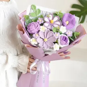 Handmade Crochet Rose Artificial Flower Bouquet, Soft Cotton Yarn with Flexible Stems, Floral Decoration Set for Valentine's Day, Wedding Gift (Home Decor Supplies)