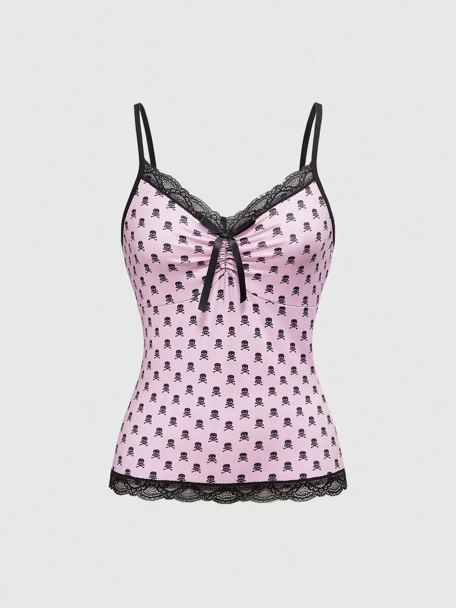 Kawaii Women Lace Patchwork Skull Print Bowknot Decor Cami Top