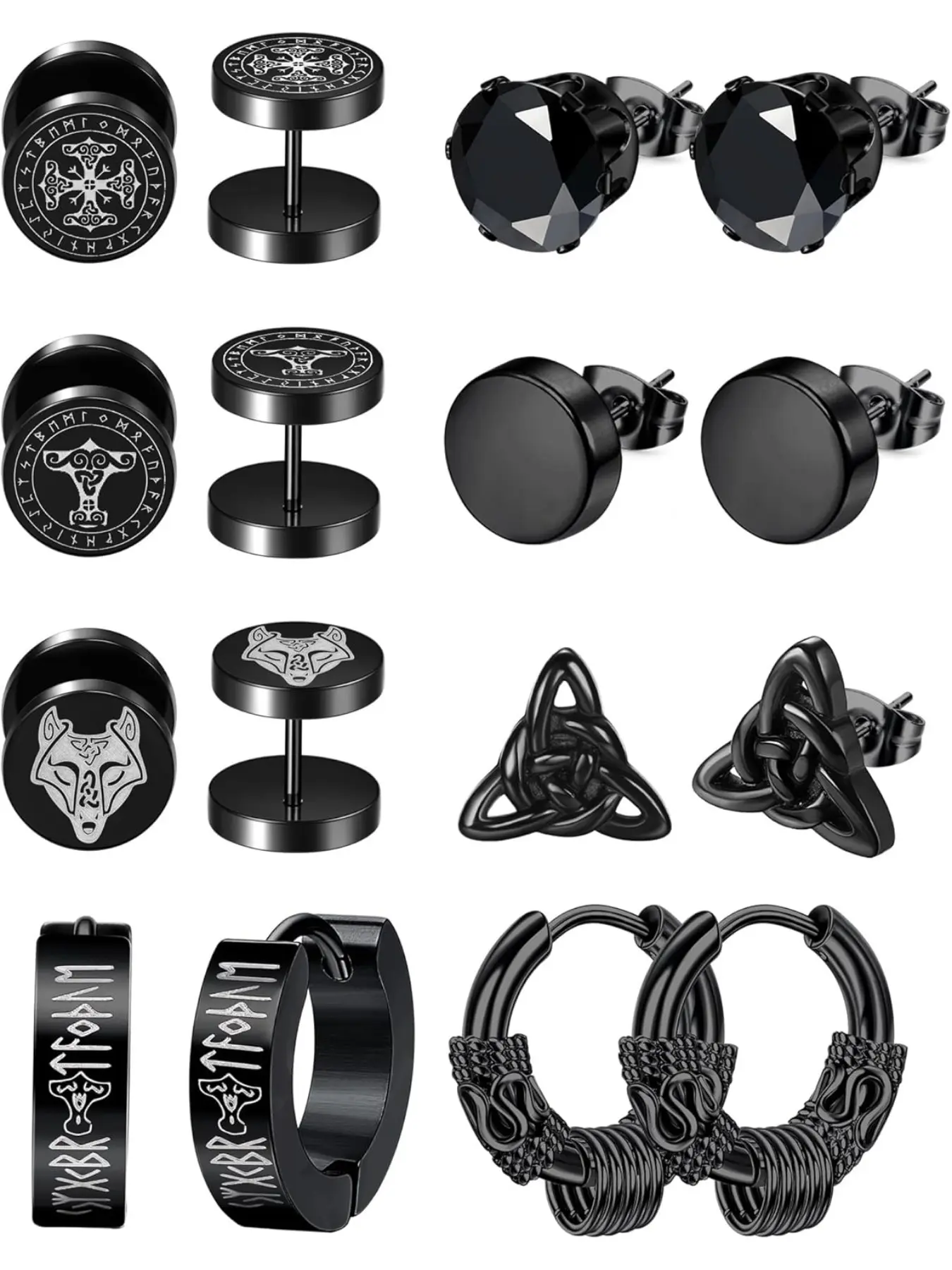 8 Pairs Men's Viking Earrings Hypoallergenic Stainless Steel Hoops Vintage Huggie Hoop Earrings Wolf Black Stud Earrings for Men Nordic Viking Jewellery Stud Earring Jewelry High Quality Earrings