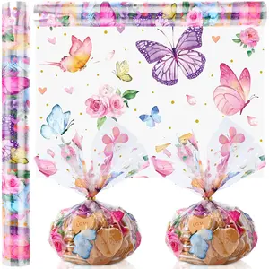 Butterflies Cellophane Wrap Roll for Spring 100 ft x 16 Inch 2.5 Mil Floral Cellophane Roll Butterfly Gift Wrapping with Twist Ties for Wedding Baby Shower Birthday Basket Party Favors
