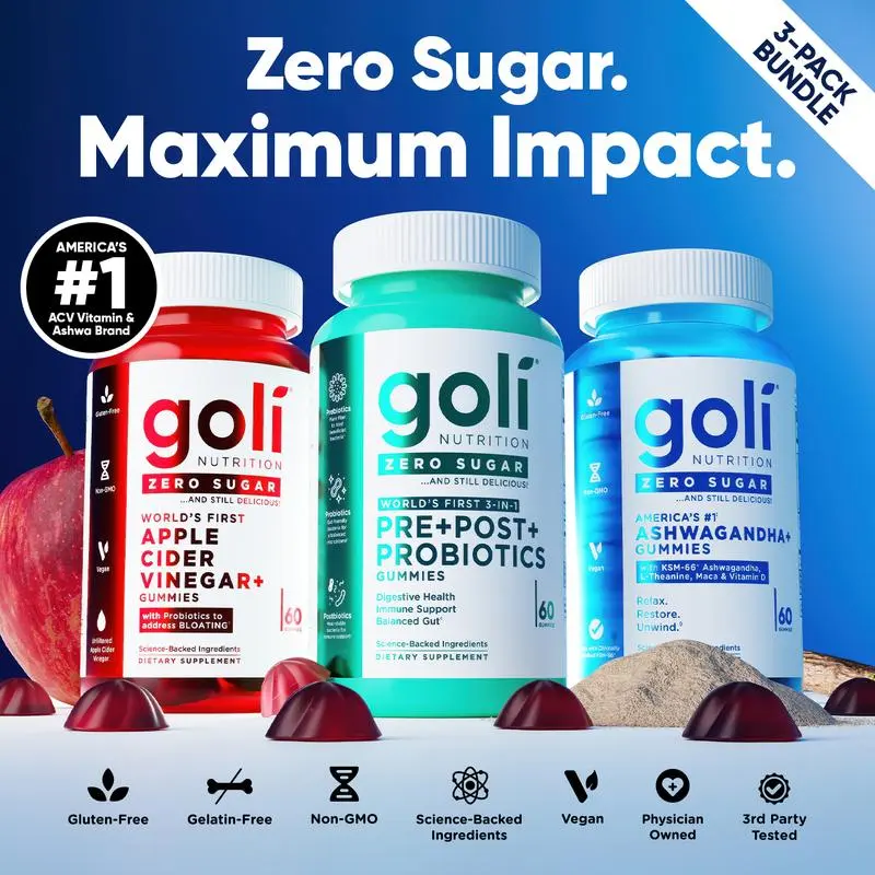 Zero Sugar Best Seller Trio - World's First 3-in-1 Pre, Post, Probiotic, Apple Cider Vinegar with Vitamin B12 and Probiotics To Address Bloating, Ashwagandha & L-Theanine, Vitamin D gummies. Gluten-Free, Vegan, Non-GMO & Gelatin-Free