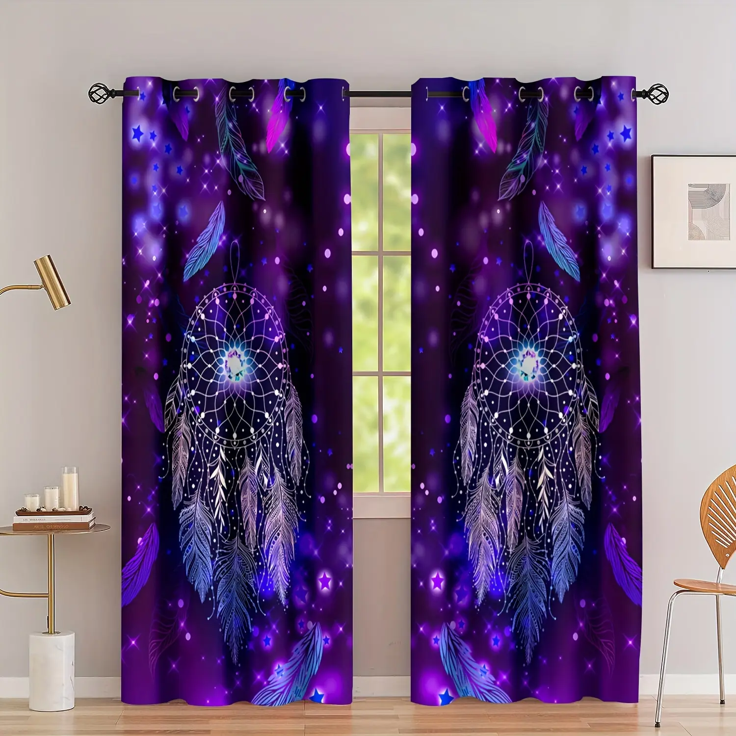 1 Set of 2 Pieces, Purple Dreamcatcher Feather Digital Printed Perforated Living Room Curtains, Blackout Curtains, Semi-Transparent 12-Hole Indoor Outdoor, Bedroom, Living Room Curtains Furniture Decoration