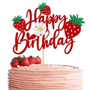 1 PCS Strawberry Happy Birthday Cake Topper with Glitter Flower Fruit Theme Birthday Berrry Cake Pick Decorations for Strawberry Theme Birthday Party Cake Decorations Supplies
