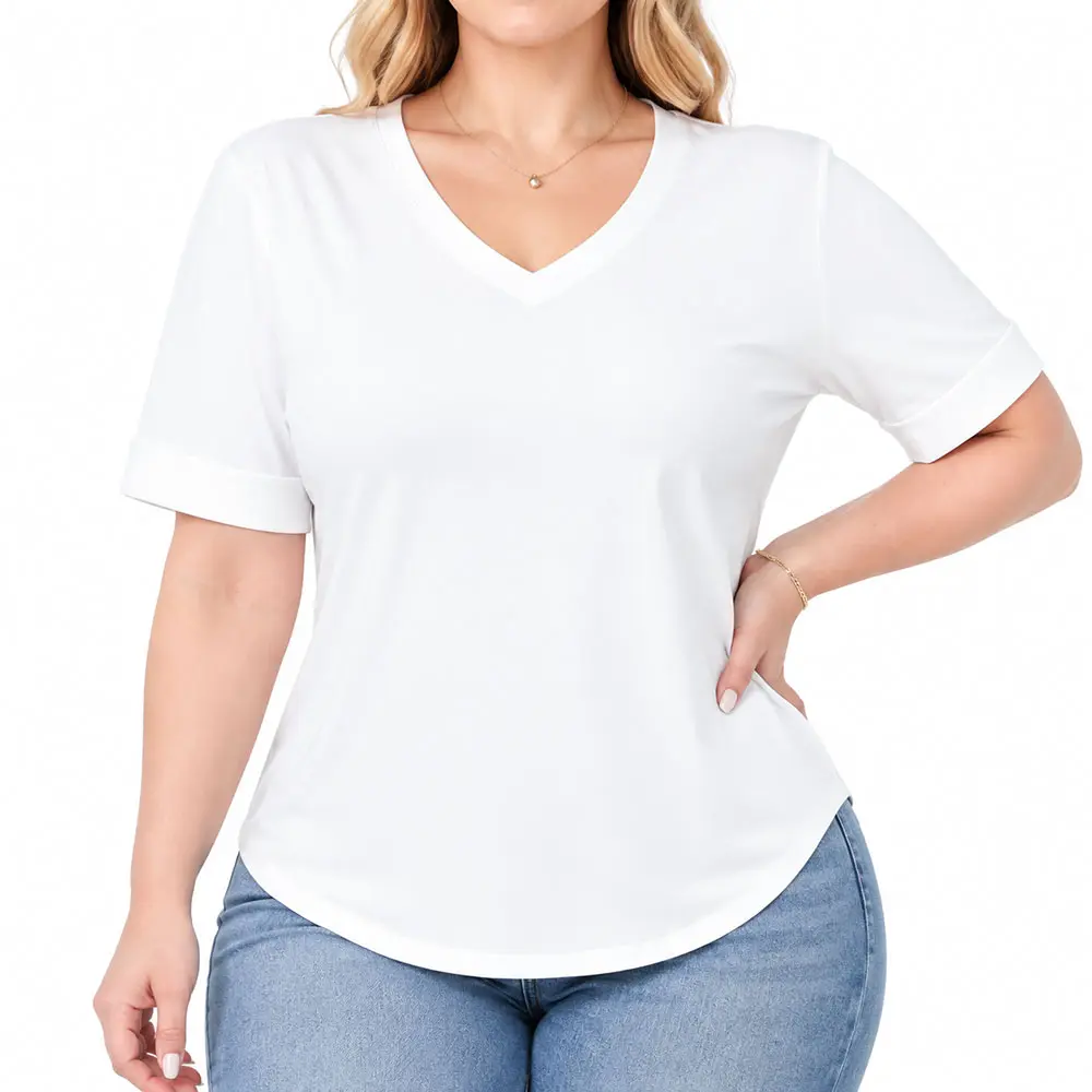 Women's V-Neck Puff Half-Sleeve T-Shirt - Soft, Breathable, Elastic, Elegant Feminine Stretchy Curved Hem Solid Color Basic Top for Summer Everyday & Work Wear Female Trailblazer Apparel