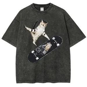 Funny Skateboard Cat Vintage Washed Tee 90s Men's Graphic Tee t Shirts Funny Graphic Tee Good Graphic Tees Graphic Tees Streetwear Outfits Men Vacation Outfits Oversized Tshirt Men