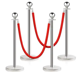 Stainless Steel Stanchion Post Queue,5 ft Red Velvet Rope Red Carpet Ropes and Poles Crowd Control Barriers,Sand Injection Hollow Base and Velvet Ropes Set for Party Supplies