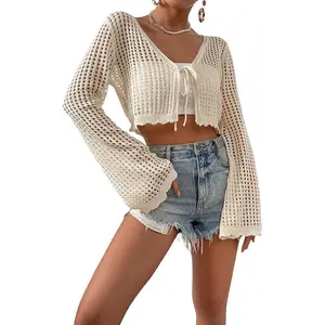 Women's Crochet Cardigan Tie Front Tops Boho Bell Long Sleeve Lightweight Cover Up