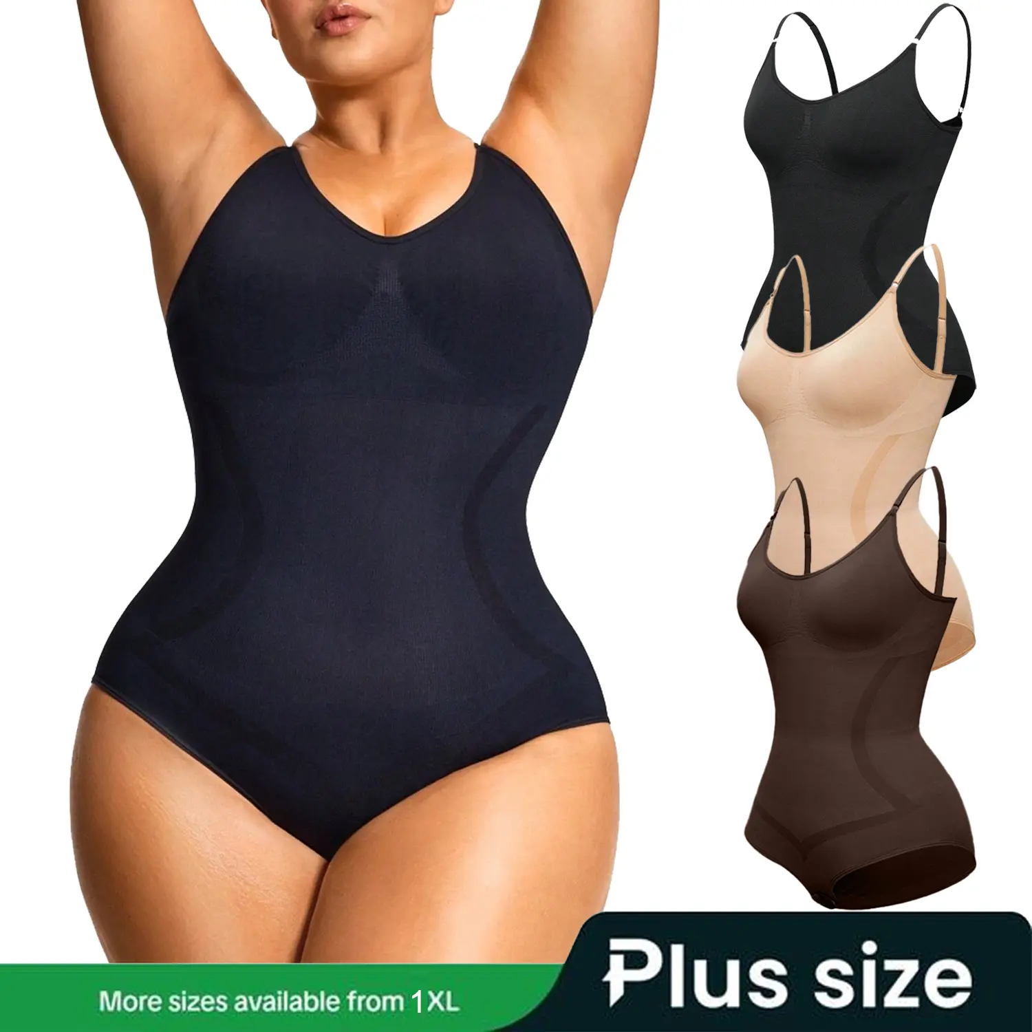【Plus Size】Shapewear Bodysuit for Plus Size Women, Solid Round Neck Polyamide with Light Compression and Tummy Control for an Evening Party