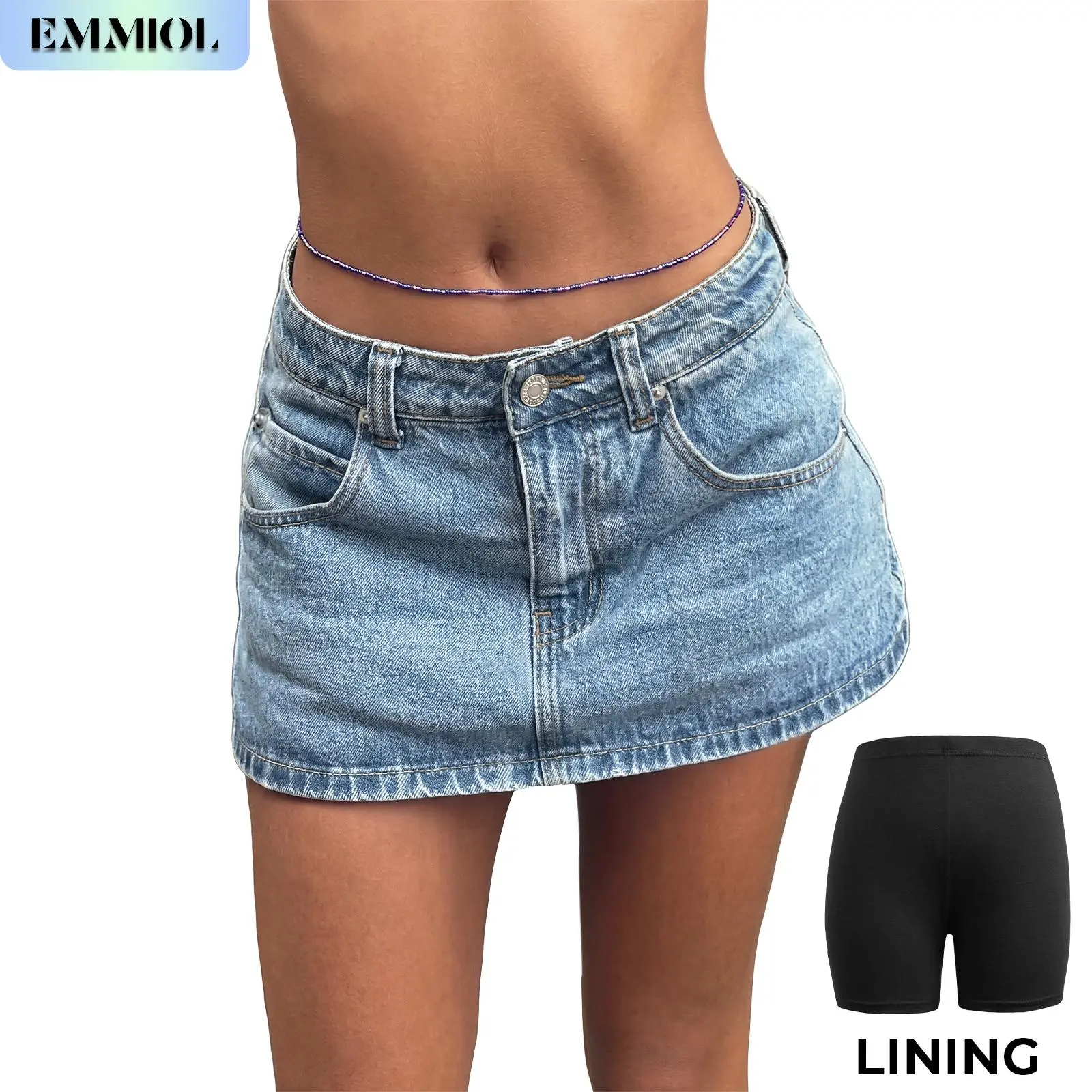 EMMIOL Low Waist Denim Skirt Skorts Mini Denim Shorts Bodycon Mini Jean Skirt Vintage Y2K Skirt for Women - Casual Style Regular Fit Above Knee Cotton Material Multi Belt Loops Chic Womenswear Machine Washable Summer vibes