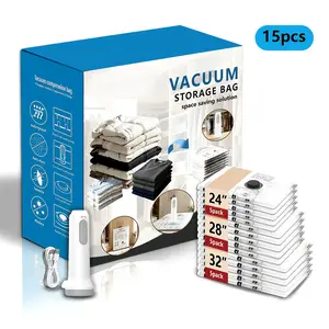 【2026 Upgraded】Travel Vacuum Bag Set Vacuum Bags for Travel with air Pump, 15 Pack Carry-on Size Compression Packing Bags for Luggage and Suitcase, Space Saver for Clothes and Clothing Travel Zipper Pouches