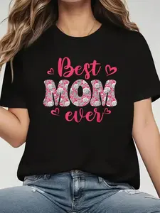 Plus Size Best Mom Printed T-Shirt | Mothers Day Gift, Black & Pink Geometric Floral Heart Design, Soft Stretch Round Neck, Short Sleeve, Casual Womens Top, Machine Washable, All-season Comfort Fit, Mom Shirt