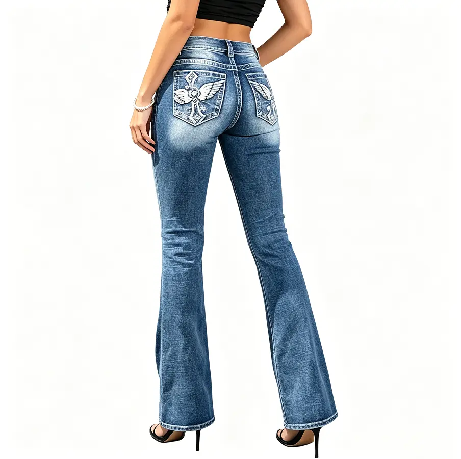 Women's High-Rise Stretch Bootcut Jeans - Tummy Control, Medium Wash, Western Style, Wing & Cross Embroidery Back Pocket, Flare Bell Bottom Bottoms