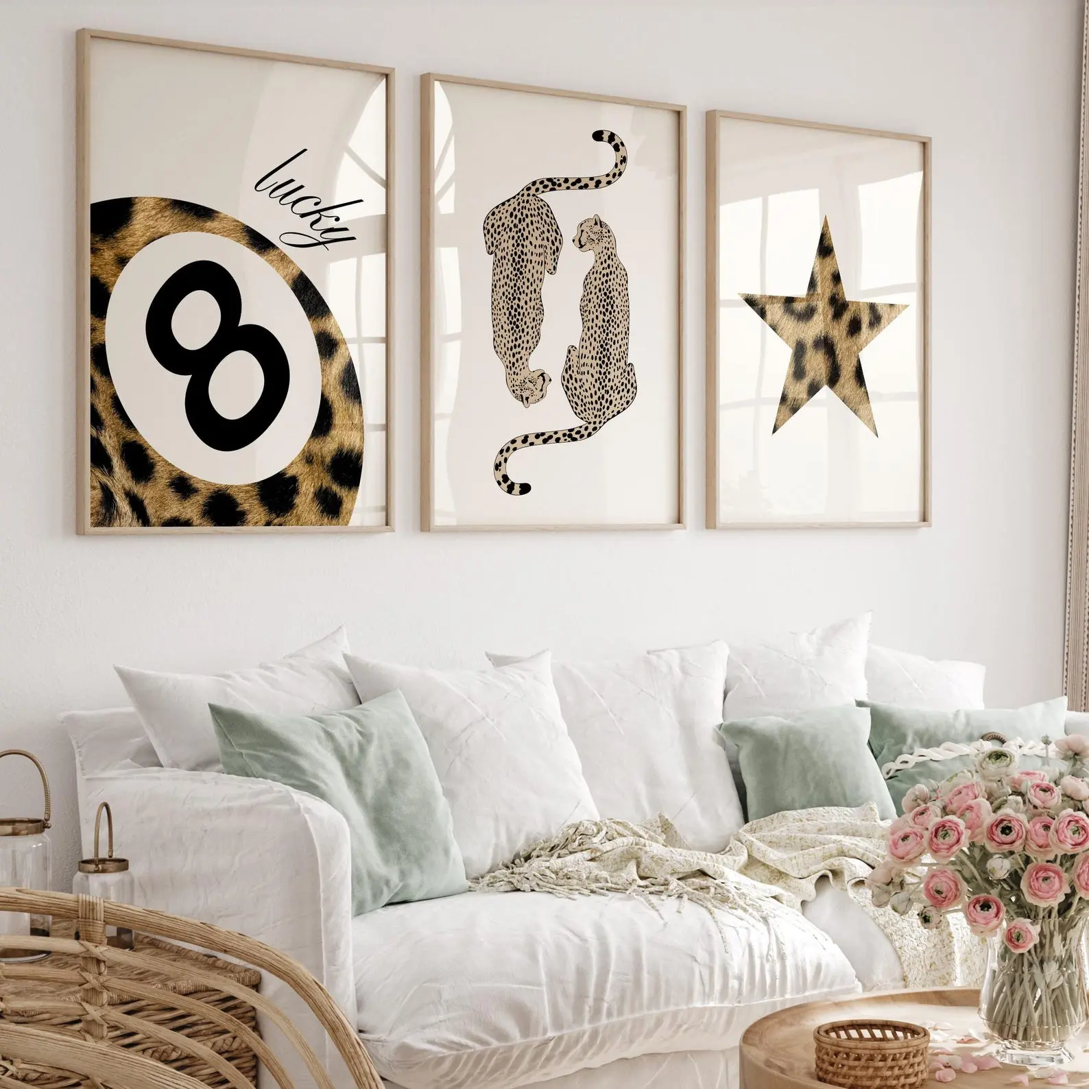 Set of 3 Leopard Print, Lucky 8 Ball Wall Art, Cheetah Posters, Boho Maximalist Dorm Wall Art, Cheetah Print Digital Decor
