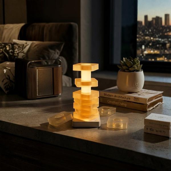 Stackable DIY Ambient Night Light with Remote Control, Color Changing Modular Table Lamp for Home Decor, 5 Brightness Levels RGB LED Bedside Light, Creative Puzzle Lamp with High Quality Speaker