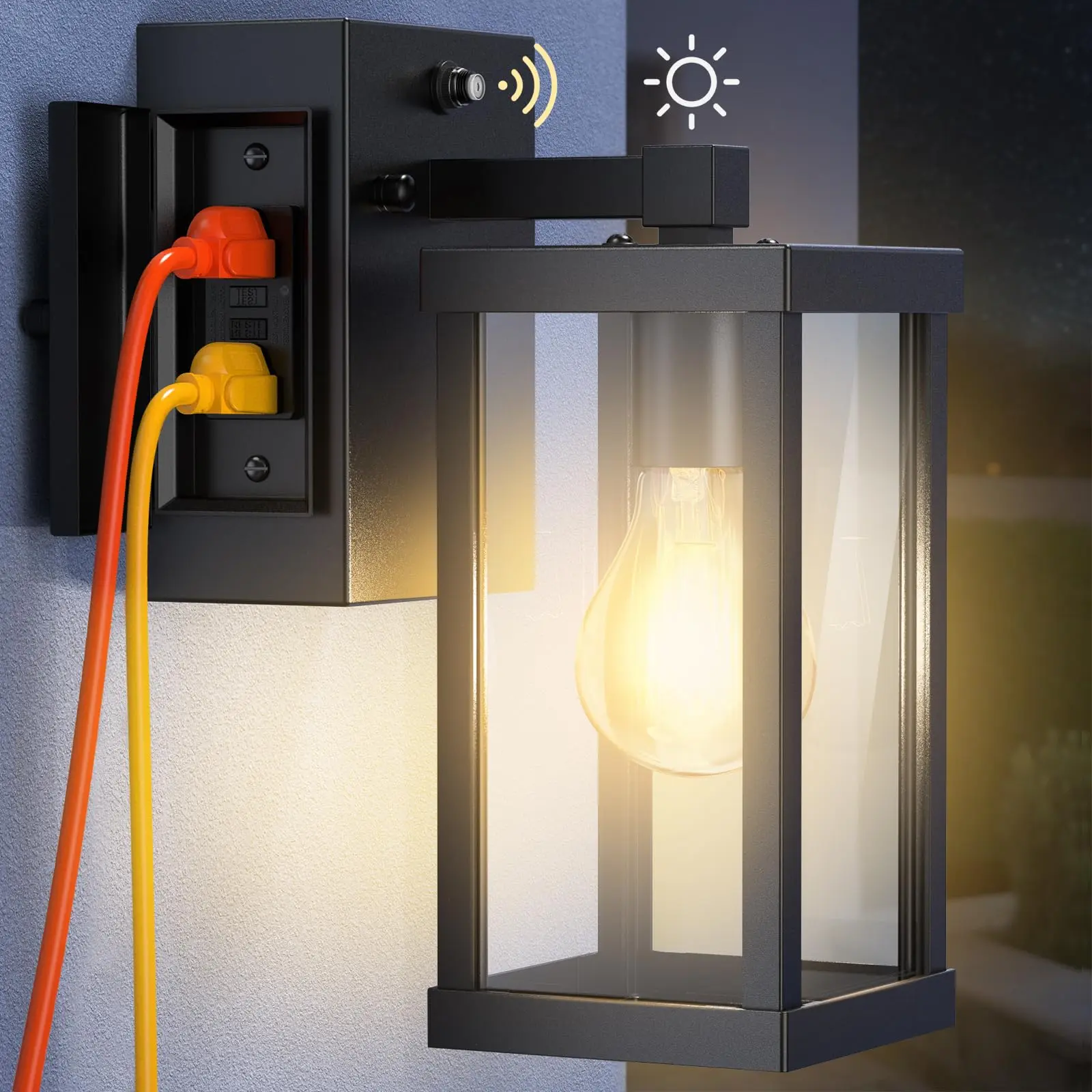Outdoor Porch Light with GFCI Outlet Waterproof Dusk to Dawn Motion Sensor Outdoor Light Fixture Exterior Wall Lantern for House Patio Balcony Garage