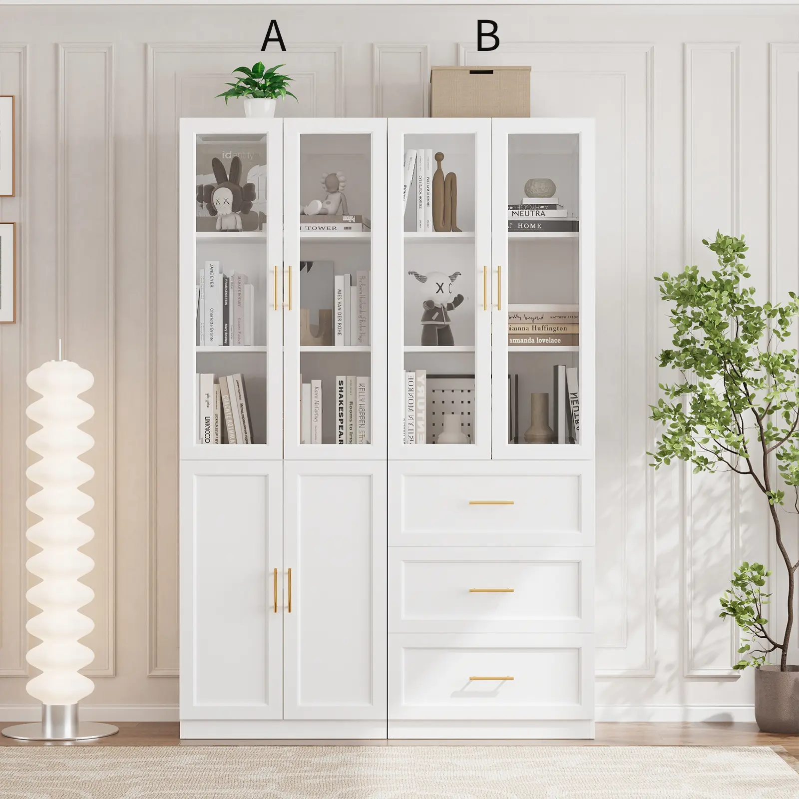 VOWNER Bookcase with Glass Doors & Drawers, 5 Tier Bookshelf with Adjustable Shelf, Large Storage, Home Office, Living Room, White（2set）