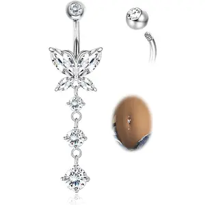 14G Dangle Belly Button Rings 925 Sterling Silver Barbell Belly Rings CZ Opal Belly Body Piercing Jewelry for Women