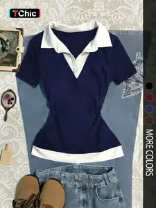 Women's Colorblock Patchwork Mock Two-Piece Shirt Collar Slim Fit Short Sleeve Top, Casual Button Up, Simple Casual Comfortable Daily Wear, Versatile Fashion Blouse