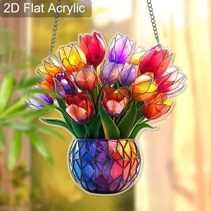 Spring Summer Tulip 20cm Chain Transparent Acrylic Hanging Decoration, Colorful Sun Catcher Board, Decorative Wall Art, Wall Hanging Ornament for Home Decor, Decorative Hanging Ornaments