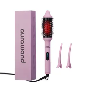 Aurawand 2026 Pink Infrared Thermal Styling Brush – 2-in-1 Ionic Hair Straightener & Curler Comb – Heat Protect Volumizer with Adjustable Temps & Bonus Clips