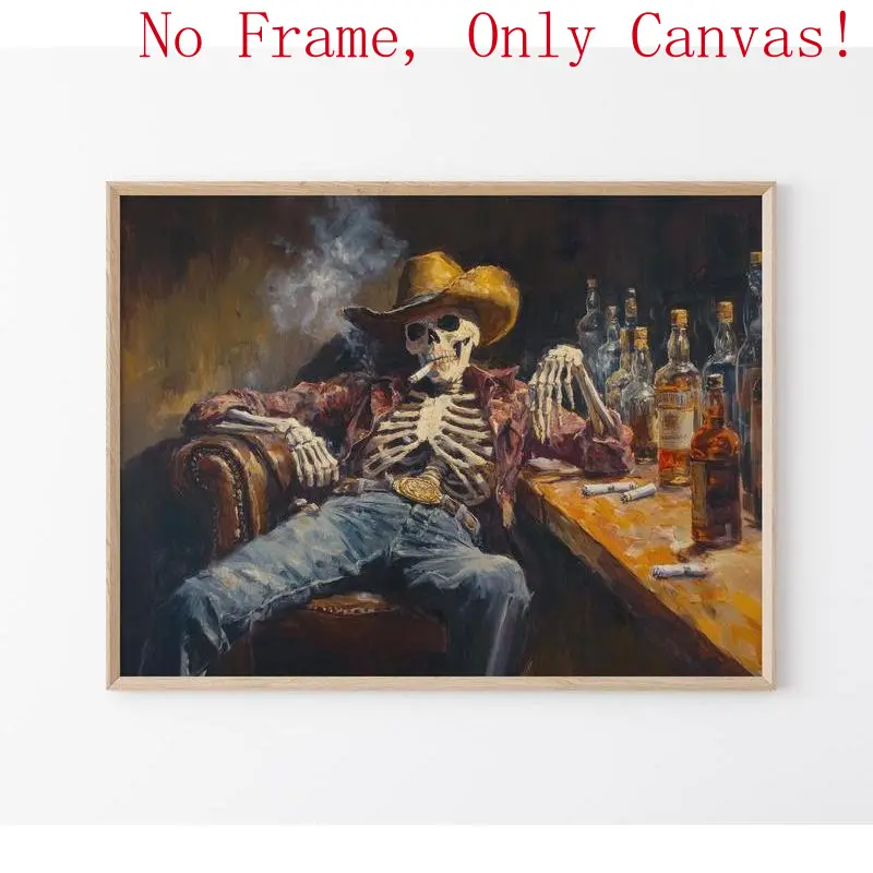 Unframed Waterproof Skeleton Design Canvas Poster - Vintage Oil Painting Style Western Gothic Dark Art Print, Home Decor for Rustic Wild West Spooky Saloon Bar, Bathroom Wall Art, Wardrobe Plaid Accent