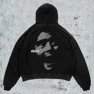 SHOCK Distorted Graphic Hoodie Unisex Oversized Vintage Washed Heavyweight Grunge Pullover with Celestial Goddess Print & Drawstring Hood for Casual Autumn Wear