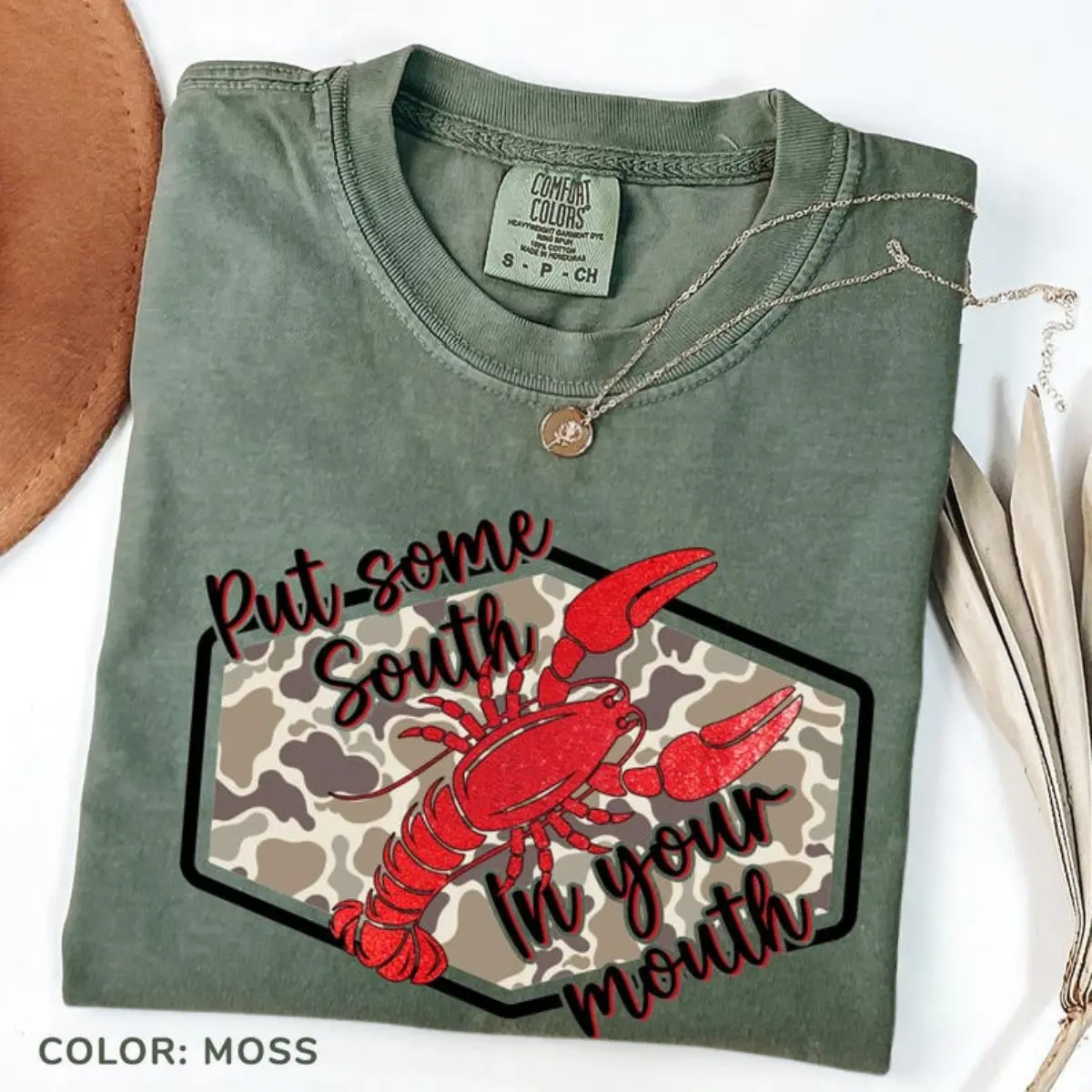 Comfort Colors Camo Crawfish TShirt, Put Some South In Your Mouth T-Shirt, Funny Southern T-shirt