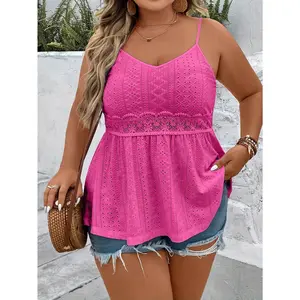 Plus Size Eyelet Cami Top, Casual Solid V Neck Sleeveless Cami Top For Summer, Women's Plus Size Clothing