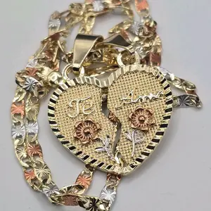 N58-Tri-color Split Heart Pendant 1.25 Inches with 17.75 Inch 3mm Wide 14-karat Gold-plated Copper Base Chain Set not water resistant