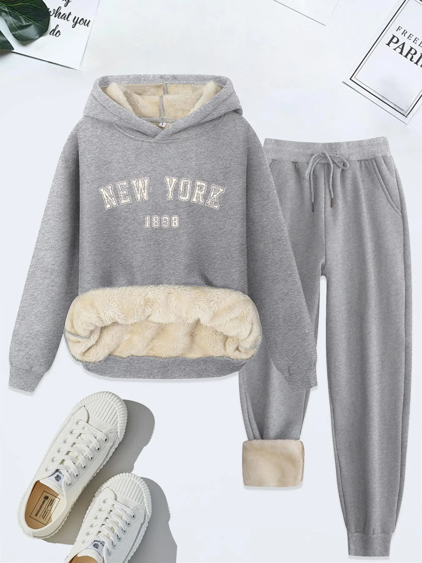Women's Letter Print Hoodie & Drawstring Waist Pants Thermal Lined Two-piece Set, Casual Long Sleeve Hooded Sweatshirt & Pocket Trousers for Fall & Winter, Women's Daily Wear, Casual Loungewear Set, Casual Outfit Set, Cozy Lounge Set
