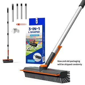 3-in-1 Multifunctional Sturdy Scraper Broom - Long Wand Floor Scrub Brush with Stiff Bristles, Oversized Head, Squeegee, Magic Eraser, Mop Roll, Rotating Design, Household Items for Bathroom Cleaning (Orange-Gray, White)