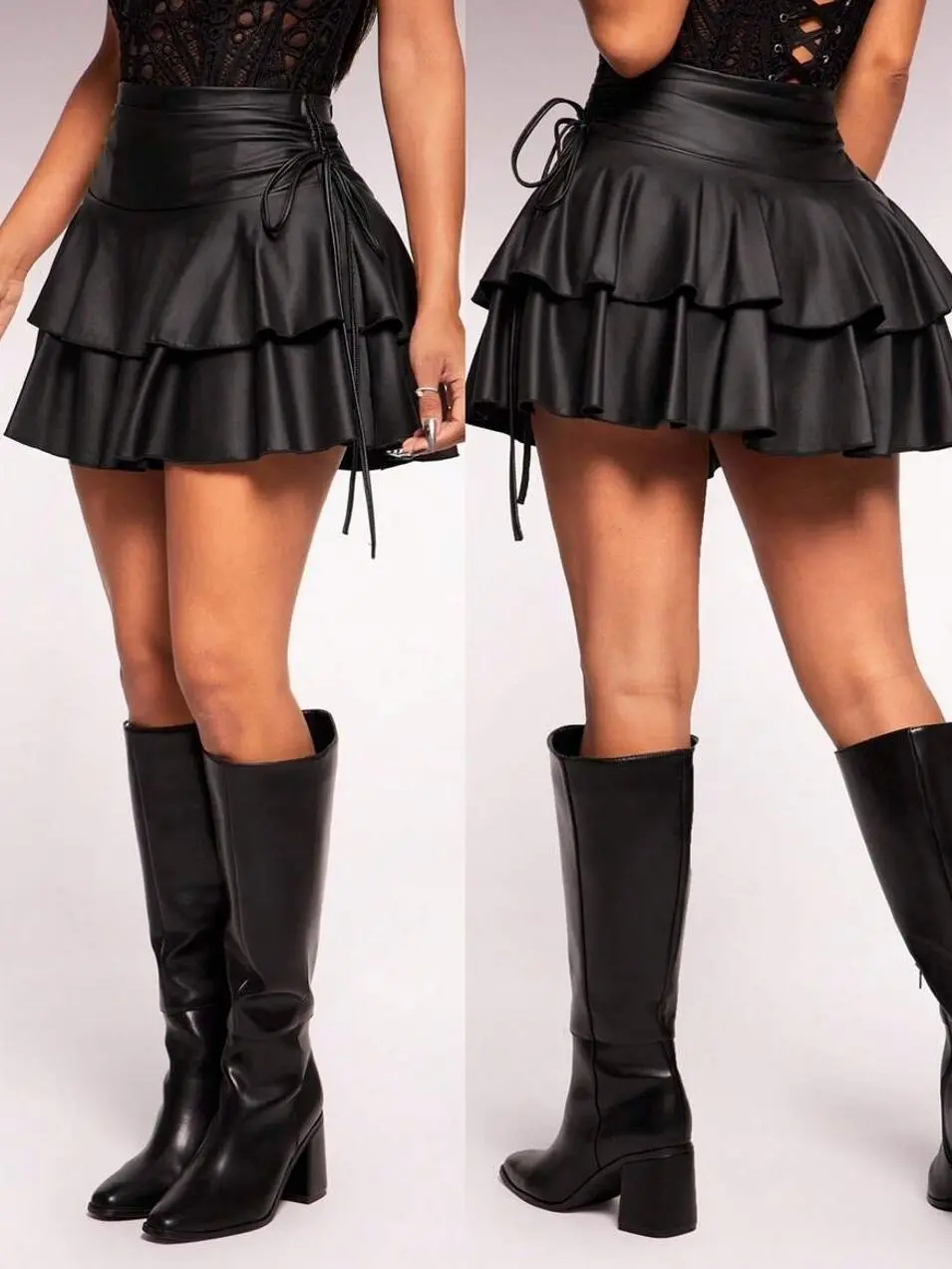 Women's Coated Mini Skirt with Drawstring Waist and Layered Ruffle Hem for Parties, Festivals and Casual Wear