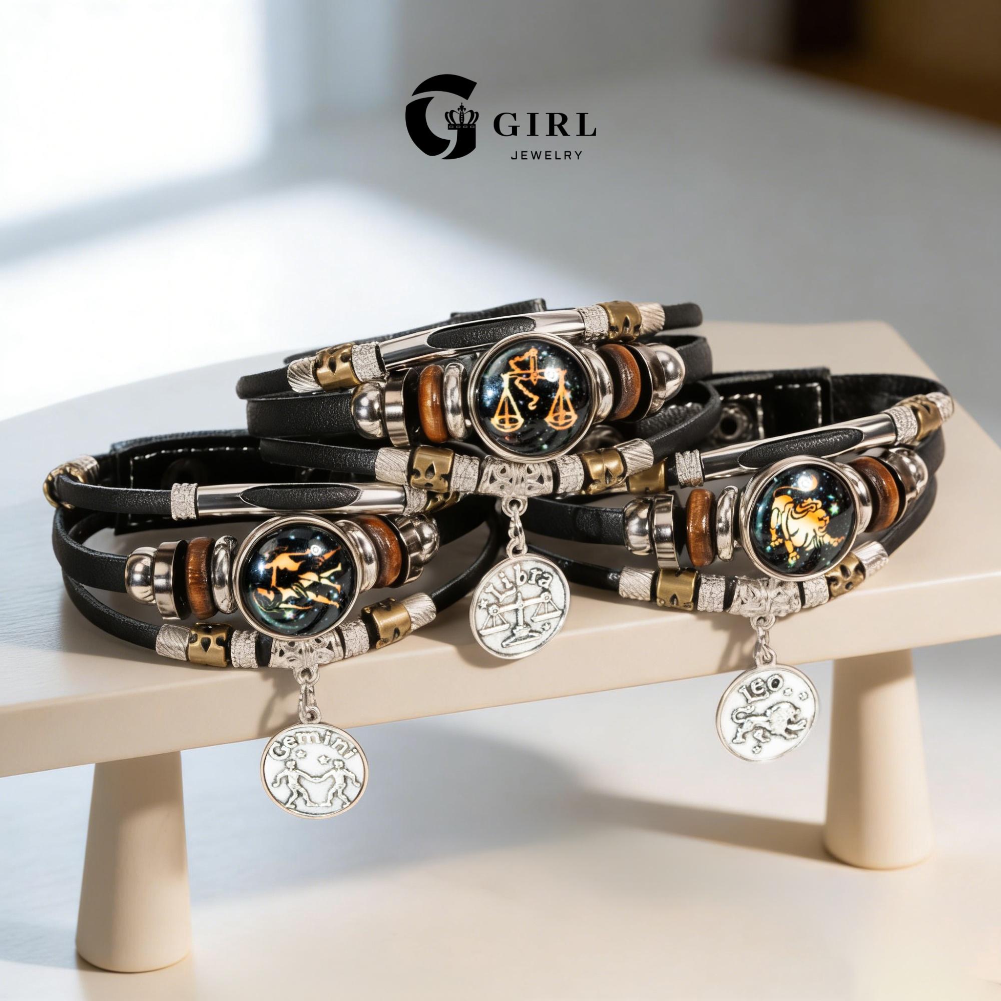 GGIRL 12 Constellation Vintage Bracelet for Men Women Braided Punk Leather Bracelets Gift Glow in The Dark Bracelet