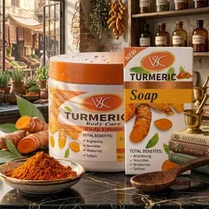Gold Turmeric Body Care Set of 2 - Body Cream & Soap for Nourishing Radiant Skin - Cleansing Moisture Routine - Daily Use for All Skin Types - Moisturizing Pack - Smooth Hydrator - Moisturizer