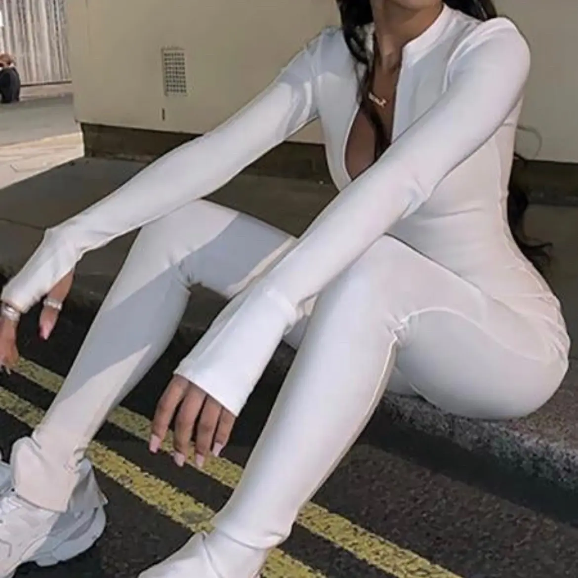 White Jumpsuit Womenswear Comfort Fashion Essential Overalls Sleeves Women jumpsuits | Bodycon jumpsuit | women’s bodysuits | summer fashion | nyc baddie outfits spring baddie outfits 2024 long sleeve white Rompers