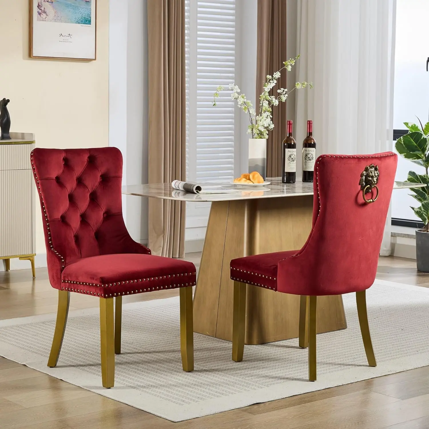 Velvet Dining Chairs Set of 2, Upholstered Dining Room Chairs with Lion Head Pulls Ring and Golden Solid Wood Legs, Modern Button Tufted Kitchen Chairs for Dining Room, Kitchen(Wine Red)