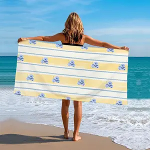 Pastel Stripe and Flower Print Beach Towel, Soft Yellow and Blue Pattern with Delicate Floral Accents
