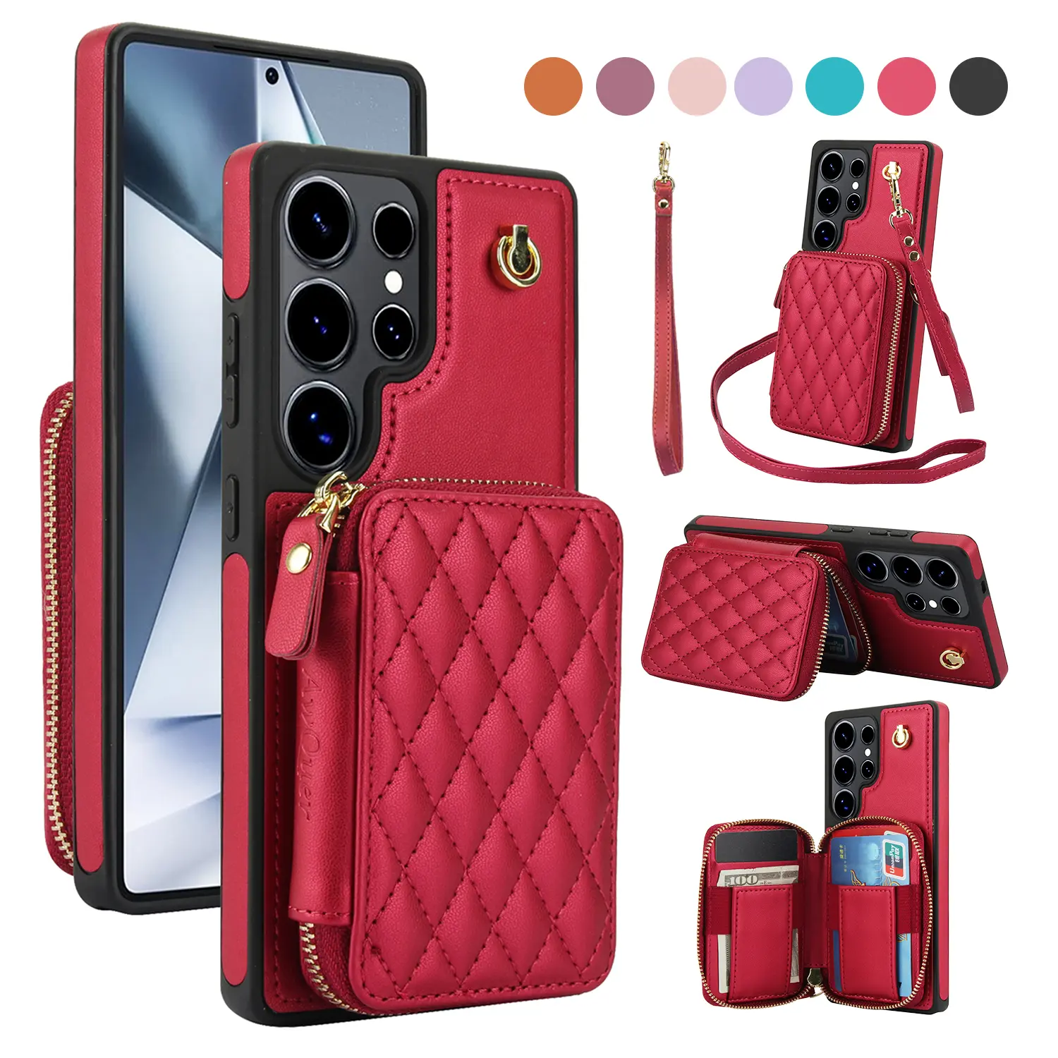 Stylish Crossbody Wallet Case for Samsung Galaxy S26 S25 Ultra S24Plus S24Ultra S23Ultra S23 S22,  - RFID Blocking, PU Leather Zipper Handbag, Kickstand, and Wristlet Strap All-in-One Design Protective Case for Women