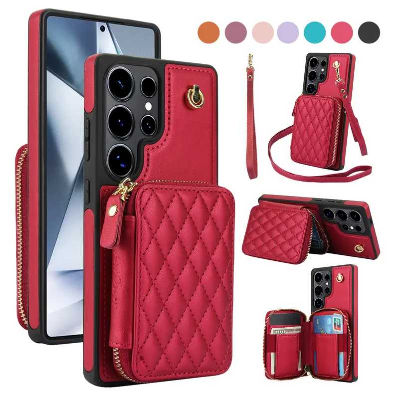 Stylish Crossbody Wallet Case for Samsung Galaxy S26 S25 Ultra S24Plus S24Ultra S23Ultra S23 S22,  - RFID Blocking, PU Leather Zipper Handbag, Kickstand, and Wristlet Strap All-in-One Design Protective Case for Women