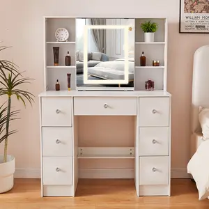 Makeup Vanity, White Vanity Desk with Mirror and Lights, Big Vanity with Drawers & Shelfs for Bedroom, Cute Vanity with Crystal Knobs for Women, Girls beautiful