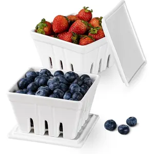 Ceramic Berry Basket with Lids, Fruit Bowl/Baskets with Covers, 5 Inch Colander For Kitchen, Fruit Bowls for Strawberry, Grape, Cherry, Berries, Stoneware Harvest Bowls Set of 2, White