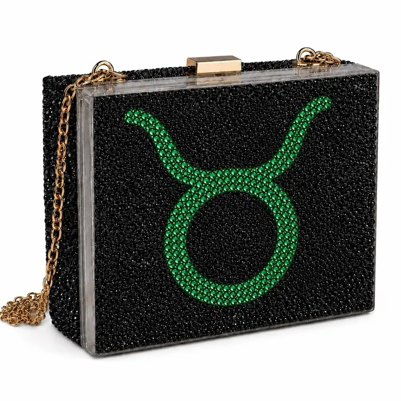 Taurus Emerald Green  & Jet Black Luxe Crystal Custom Zodiac Box Clutch Bag