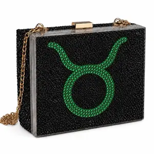 Taurus Emerald Green  & Jet Black Luxe Crystal Custom Zodiac Box Clutch Bag