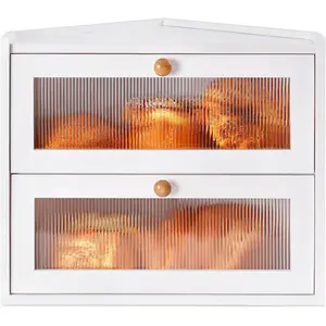 Bread Box for Countertop Corner Large Wooden Bread Bin 2 Tier Rustic Container with Acrylic Window Farmhouse Shelf Organizer for Loaves Pastries & Snacks (White)