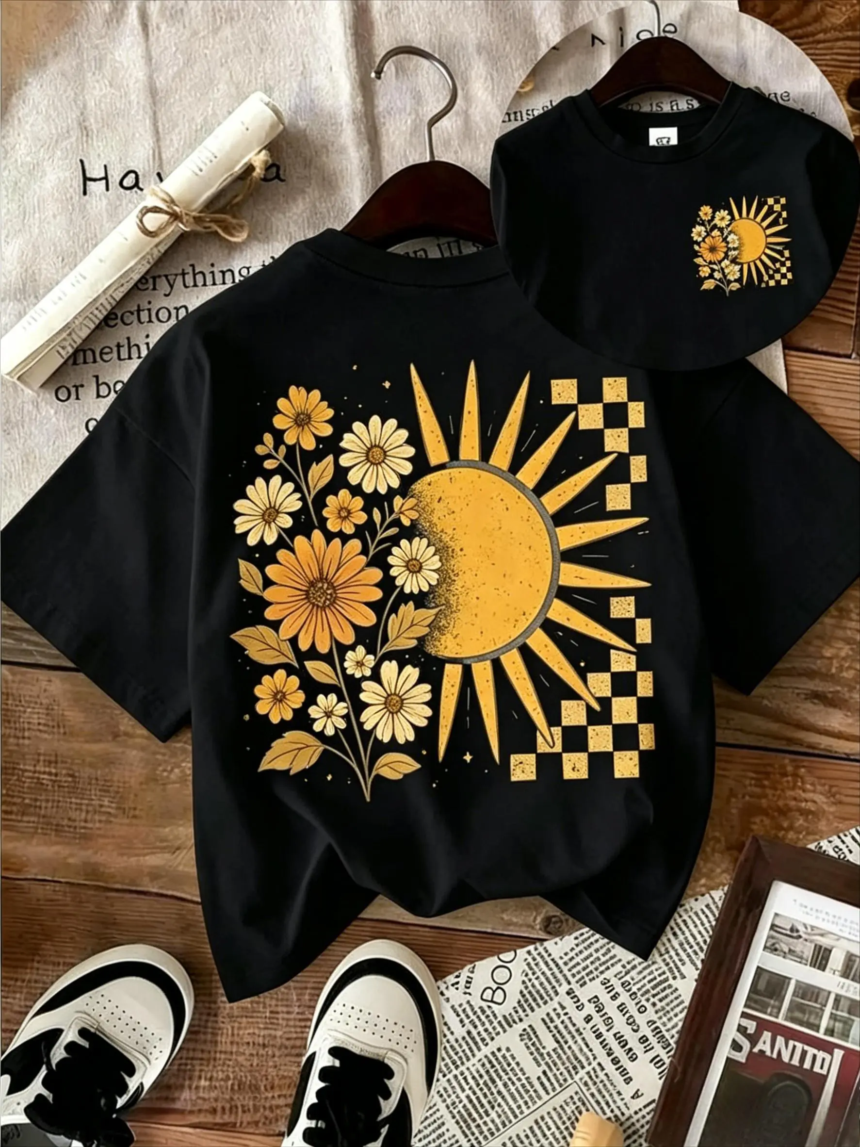 Boho Sunflower Sun Graphic T-Shirt, Retro Checkerboard Daisy Oversized Top for Women, Trendy Aesthetic Floral Shirt, 【100% cotton】 Apparel, Great Gift for Her, Boho Lovers, Perfect for Daily Wear, Summer Outings & Street Style