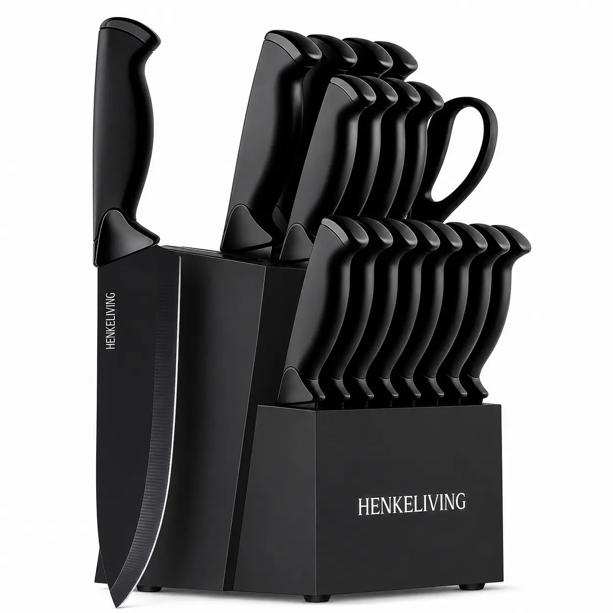HENKELIVING 19-Piece Kitchen Knife Set with Block for Everyday Home Cooking, High-Carbon Stainless Steel Blades, Built-In Sharpener, 8 Steak Knives, Ergonomic Handles