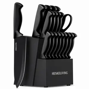 HENKELIVING 19-Piece Kitchen Knife Set with Block for Everyday Home Cooking, High-Carbon Stainless Steel Blades, Built-In Sharpener, 8 Steak Knives, Ergonomic Handles