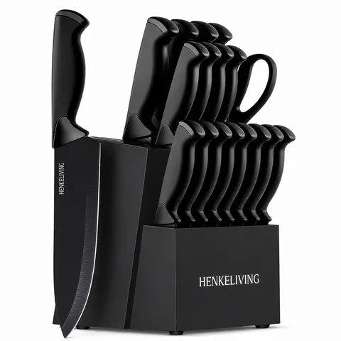 HENKELIVING 19-Piece 19-Knife Variety Kitchen Block Set - High-Carbon Blade, Rustproof Stainless Steel Blades, Built-In Sharpener, 8 Steak Knives, Ergonomic Handles for Reduced Hand Fatigue, Kitchen Supplies for Everyday Cooking Cut Tasks