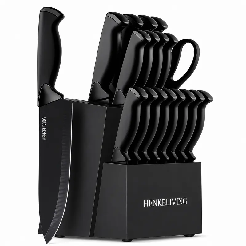 HENKELIVING 19-Piece 19-Knife Variety Kitchen Block Set - High-Carbon Blade, Rustproof Stainless Steel Blades, Built-In Sharpener, 8 Steak Knives, Ergonomic Handles for Reduced Hand Fatigue, Kitchen Supplies for Everyday Cooking Cut Tasks