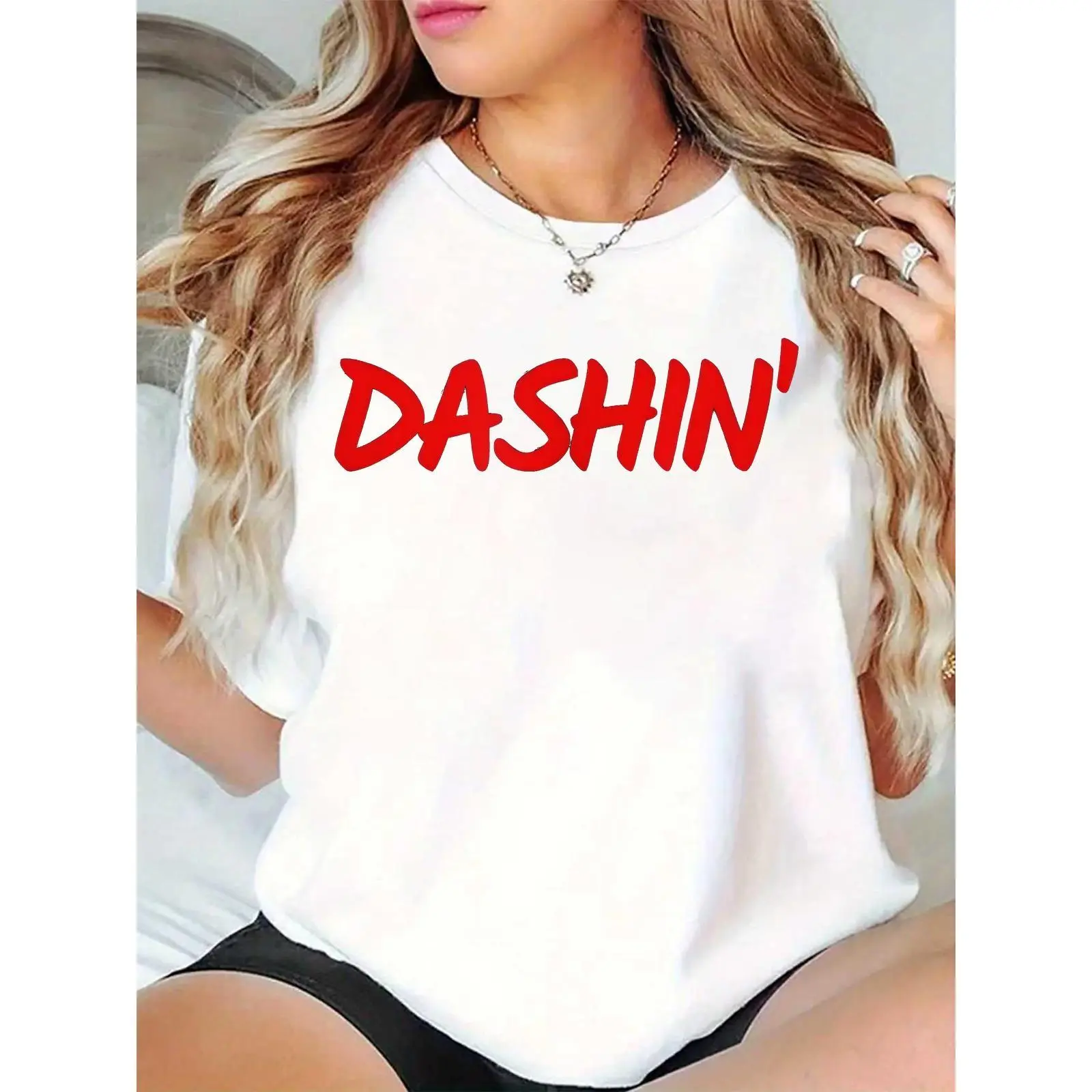 Women's White T-Shirt with Bold Red 'DASHIN'' Graphic, Casual Short Sleeve Tee for Daily Wear, Weekend Outings, Street Style for Ladies & Girls